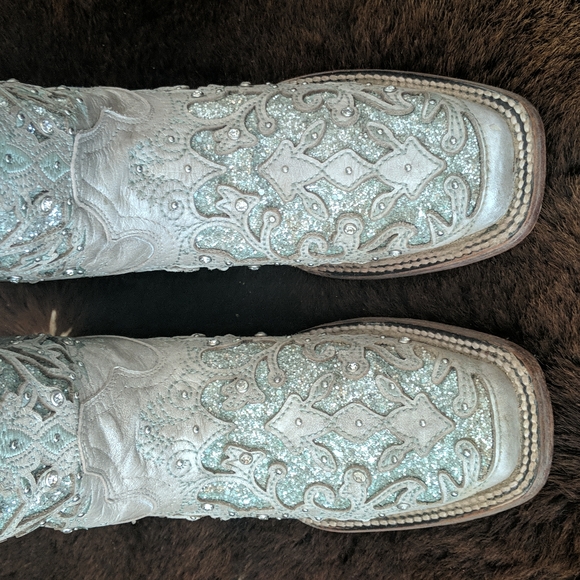 CORRAL A3435 Green Glitter Inlay & Crystals Square Toe Wedding cowgirl boots 7.5 - Picture 10 of 16
